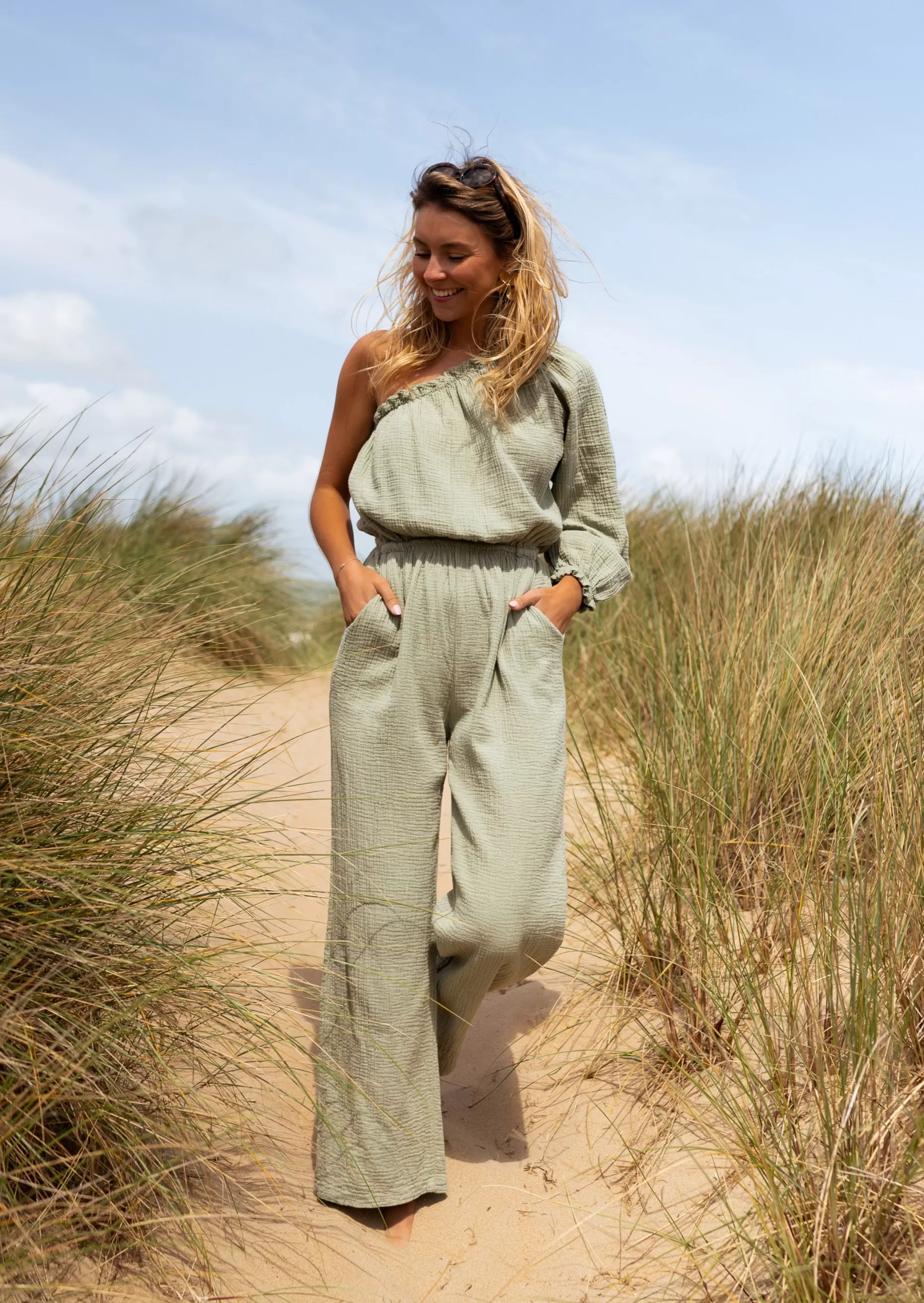 Sale Combinaison Amadéo kaki en gaze de coton | Combinaison uni manche | Prêt-à-porter en ligne | Easy Clothes Femme Combinaisons